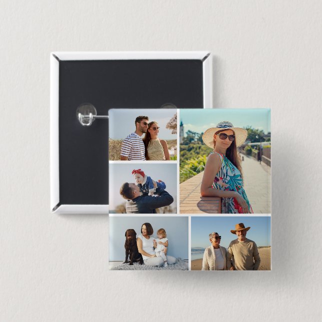 Create Your Own 5 Photo Collage 2 Inch Square Button (Front & Back)
