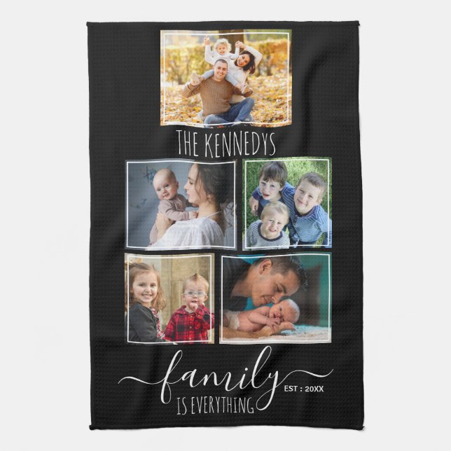 Create Your Own 5 Photo Collage Family Name Black Kitchen Towel (Vertical)