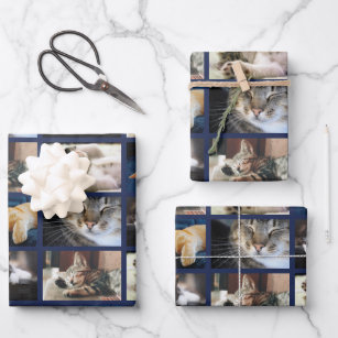 Create Your Own 5 Photo Collage Navy Blue Border Wrapping Paper Sheet