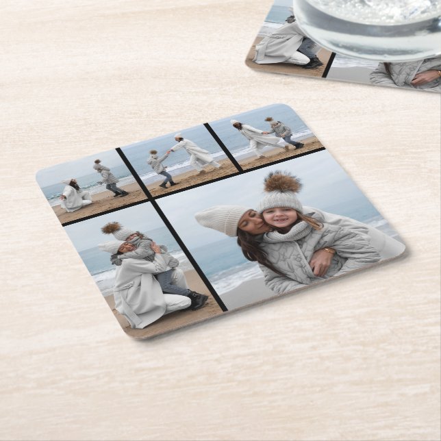 Create Your Own 5 Photo Collage Square Paper Coaster (Angled)