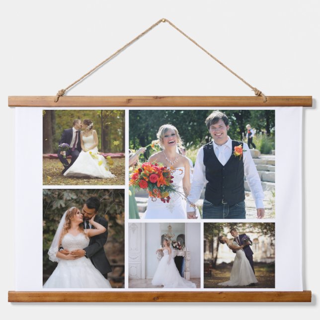 Create Your Own 5 Photo Wedding Collage Hanging Tapestry (Front)