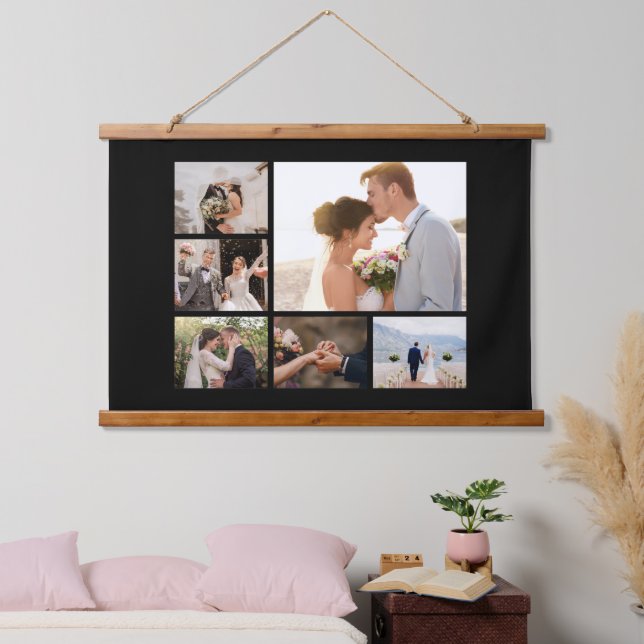 Create Your Own 6 Photo Collage Black Hanging Tapestry (Bedroom)