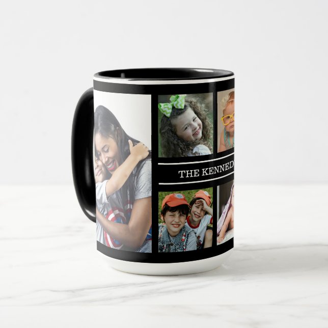 Create Your Own 6 Photo Collage Family Name Black Mug (Front Left)