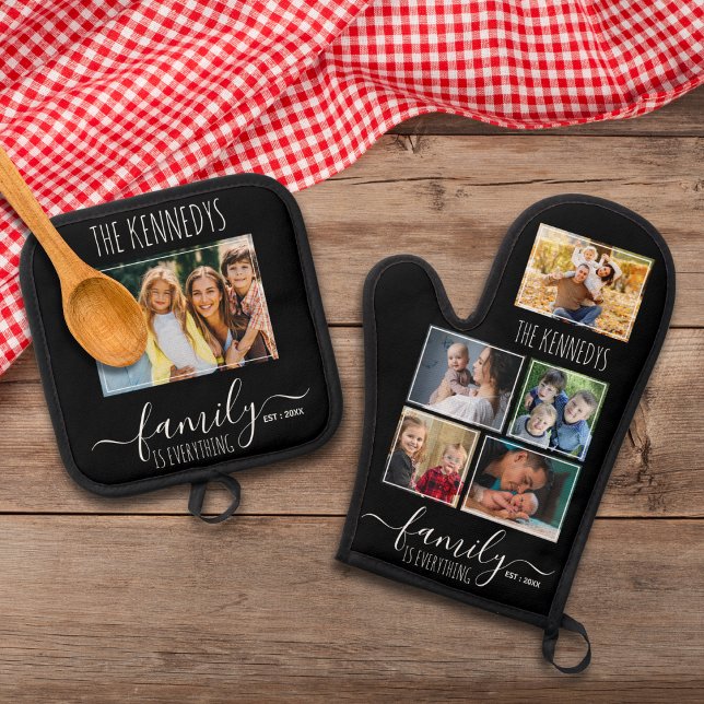 Create Your Own 6 Photo Collage Family Name Black Oven Mitt & Pot Holder Set (Creator Uploaded)