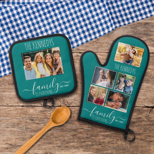 Create Your Own 6 Photo Collage Family Name Teal Oven Mitt & Pot Holder Set (Creator Uploaded)