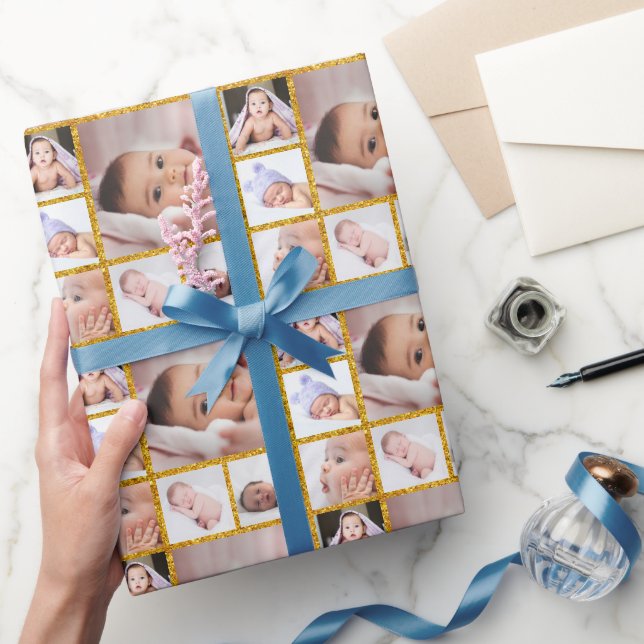 Create Your Own 6 Photo Collage Gold Glitter  Wrapping Paper (Gifting)
