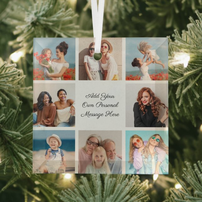 Create Your Own 8 Photo Collage Add Your Greeting Glass Ornament (Insitu)
