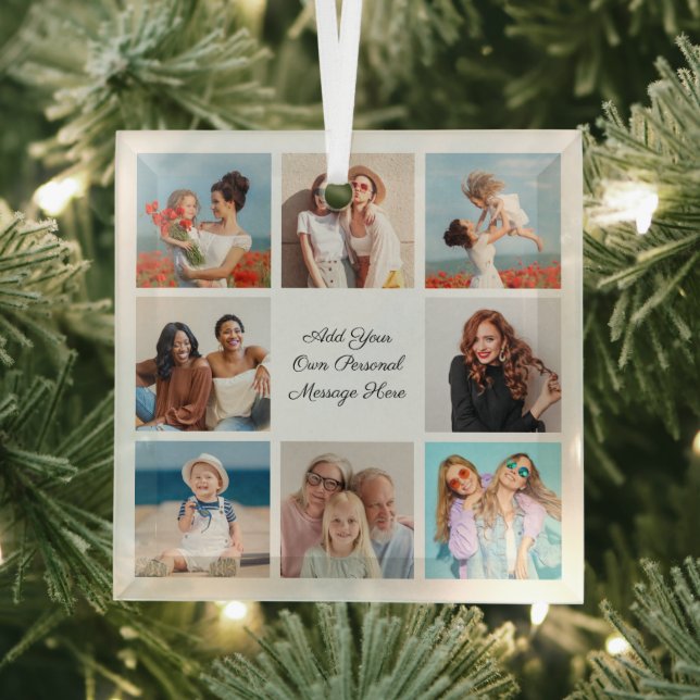 Create Your Own 8 Photo Collage Add Your Greeting Glass Ornament (Insitu)