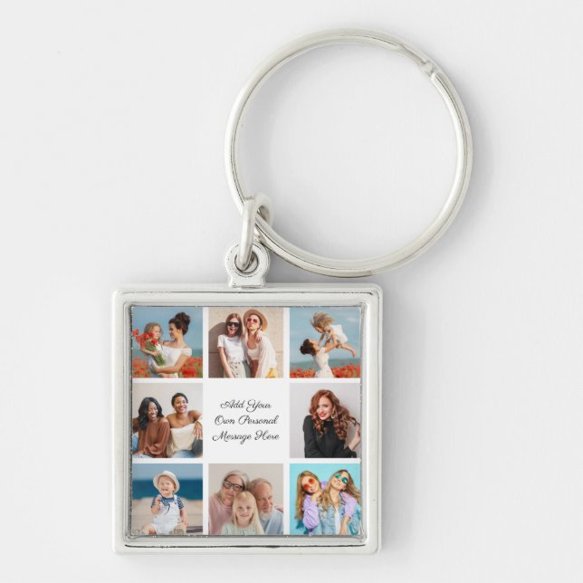 Create Your Own 8 Photo Collage Add Your Greeting Keychain (Front)