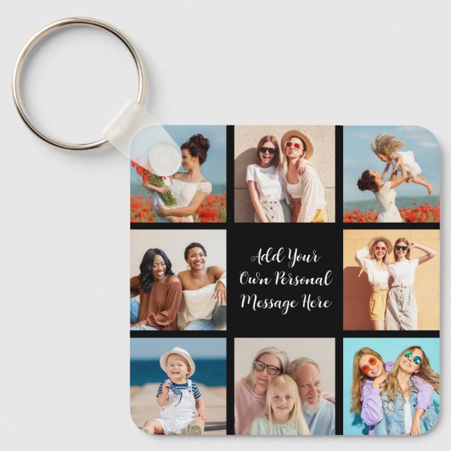 Create Your Own 8 Photo Collage Add Your Greeting Keychain (Front)