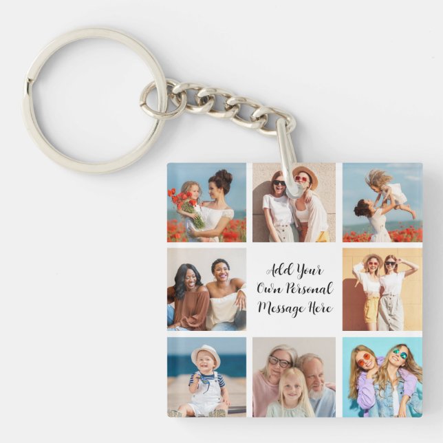 Create Your Own 8 Photo Collage Add Your Greeting Keychain (Front)