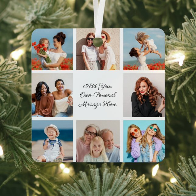 Create Your Own 8 Photo Collage Add Your Greeting Metal Ornament (Insitu)