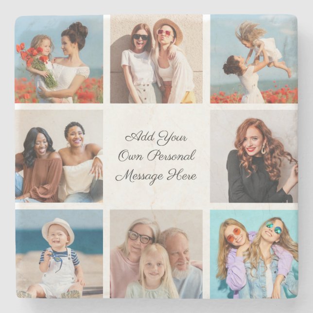 Create Your Own 8 Photo Collage Add Your Greeting Stone Coaster (Front)