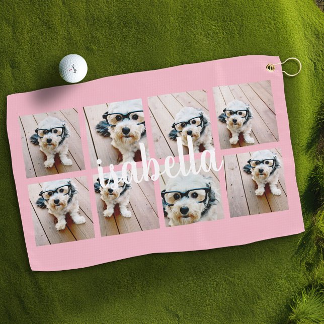 Create Your Own 8 Photo Collage Custom Name Pink Golf Towel (Personalized Golf Towel with Photos and Text)