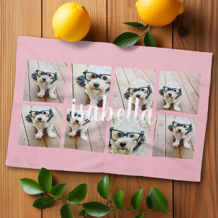 Create Your Own 8 Photo Collage Custom Name Pink Kitchen Towel