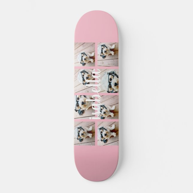 Create Your Own 8 Photo Collage Custom Name Pink Skateboard (Front)