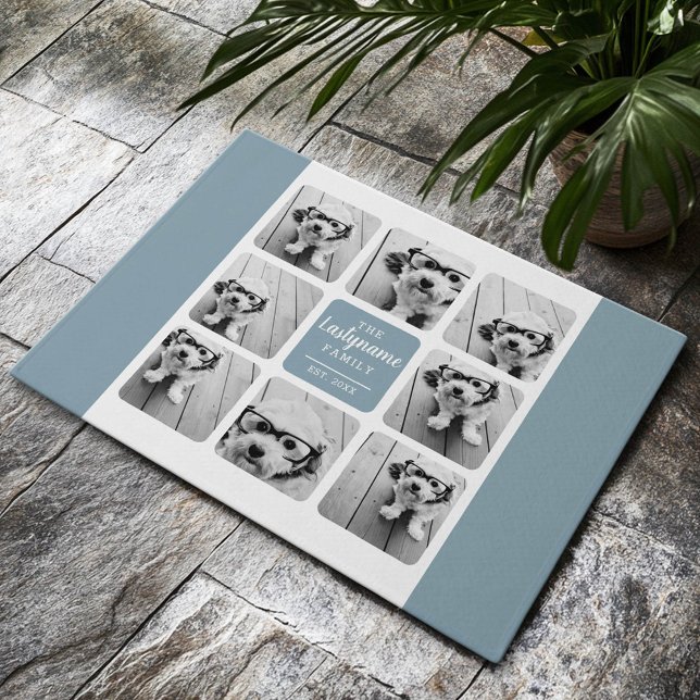 Create Your Own 8 Photo Collage Family Name Denim Doormat (Custom Welcome Mat)