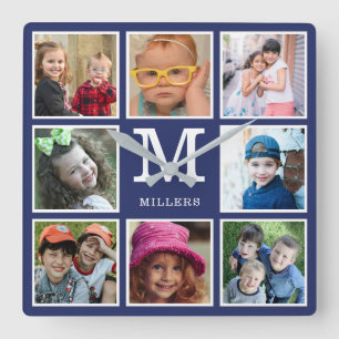 Create Your Own 8 Photo Collage Monogram Blue Square Wall Clock