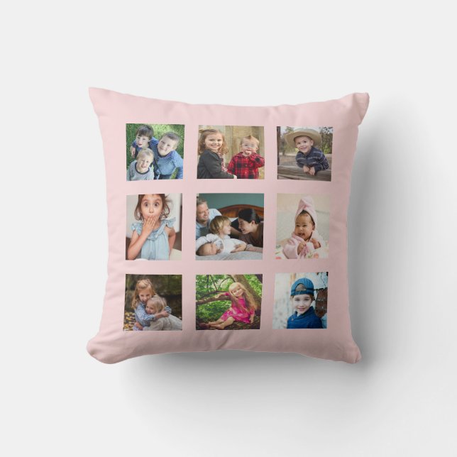 Create Your Own 9 Photo Collage Blush Pink Throw Pillow (Front)