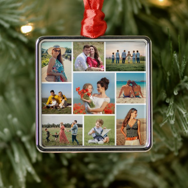 Create Your Own 9 Photo Collage Metal Ornament (Tree)