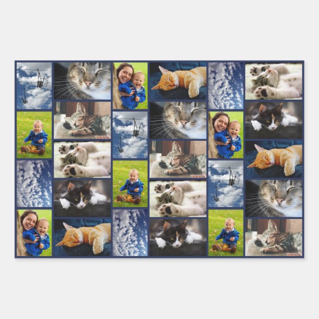 Create Your Own 9 Photo Collage Navy Blue Border Wrapping Paper Sheet (Front)