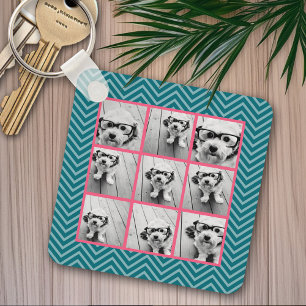 Create Your Own 9 Photo Collage Pink Blue Chevrons Keychain
