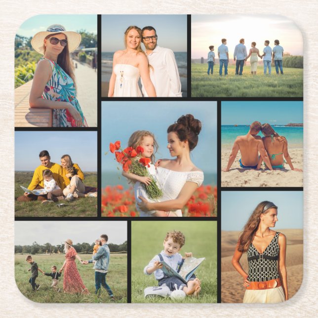 Create Your Own 9 Photo Collage Square Paper Coaster (Front)