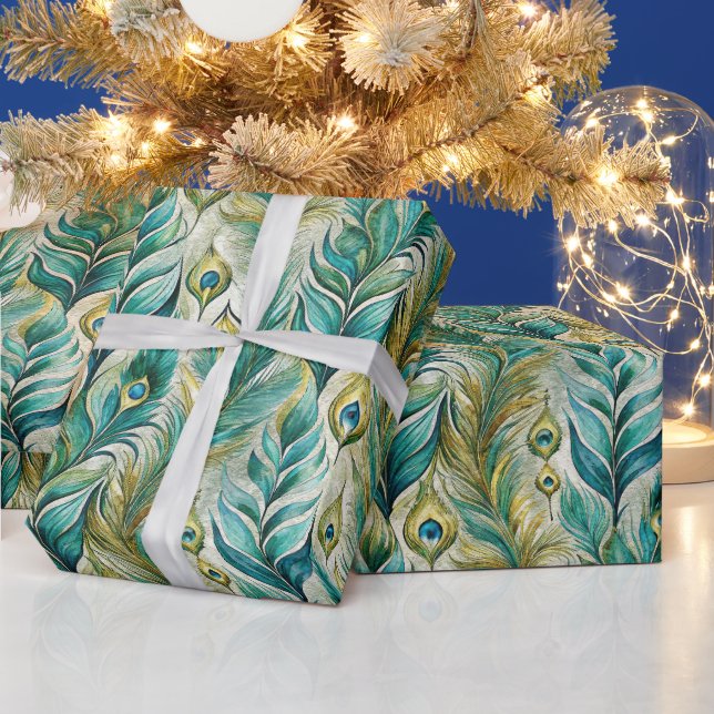 Create Your Own Abstract Gold Peacock Feathers Wrapping Paper (Holidays)
