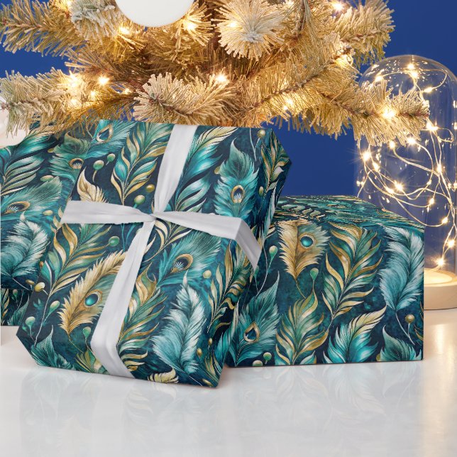 Create Your Own Abstract Peacock Feathers Blue Wrapping Paper (Holidays)