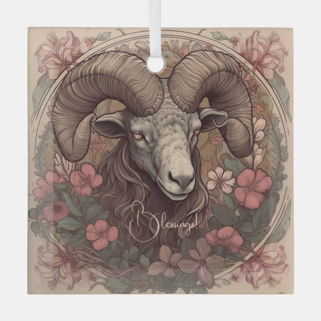 Create Your Own Art Nouveau Aries Zodiac Glass Ornament (Front)