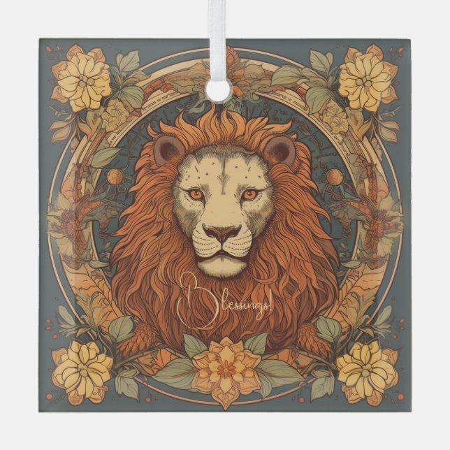 Create Your Own Art Nouveau Leo Zodiac Glass Ornament (Front)