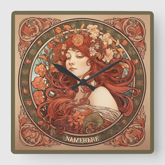 Create Your Own Art Nouveau Virgo Zodiac Square Wall Clock (Front)