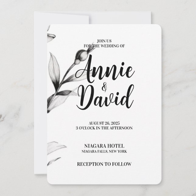Create Your Own - B&W Sketched Flowers Wedding Invitation (Front)