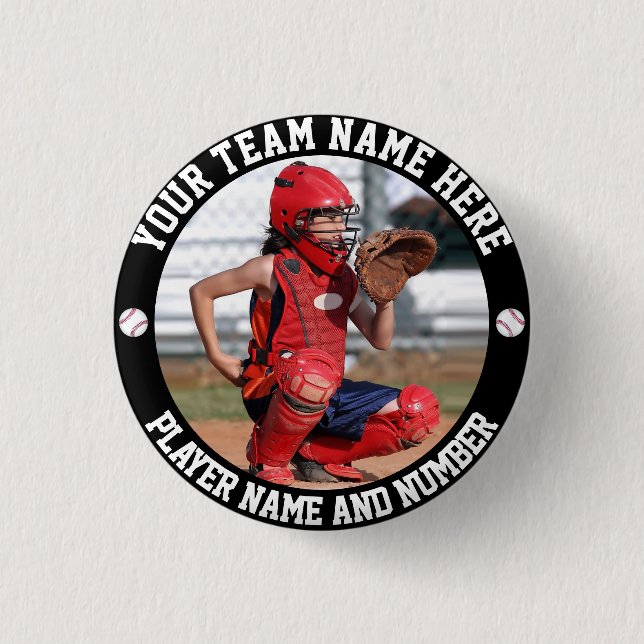 Create Your Own Baseball Player Photo Name 1 Inch Round Button (Front)