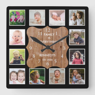 Create Your Own Black 12 Photo Collage Wood Square Wall Clock