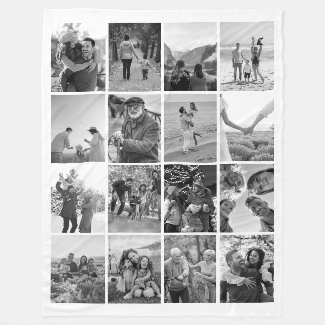 Create Your Own Black and White 16 Photo Collage Fleece Blanket (Front)