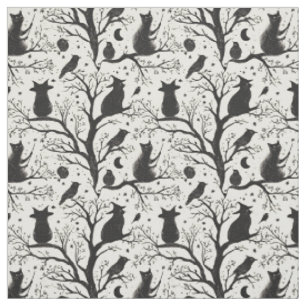 Create Your Own Black Cats Birds Cream Toile Fabric