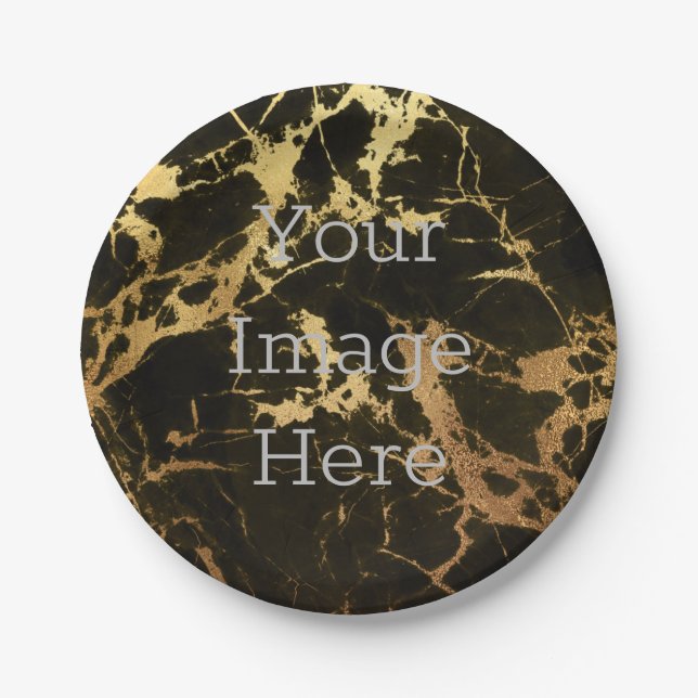 Create Your Own Black + Gold Faux Foil Marble Paper Plate (Front)