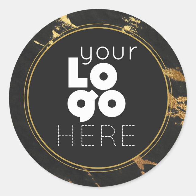 Create Your Own Black& Gold Faux Marble White Logo Classic Round Sticker (Front)