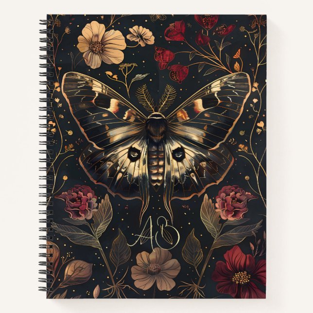 Create Your Own Black Gold Moth Berry Red Floral Notebook (Front)