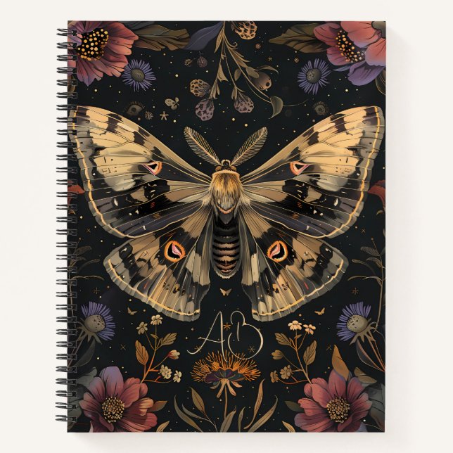 Create Your Own Black Gold Moth Wine Red Floral Notebook (Front)