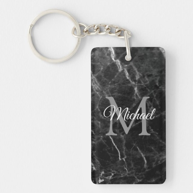Create Your Own Black Marble Monogram Rectangle Keychain (Front)