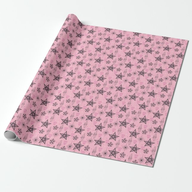 Create Your Own Black Pentacles Pink Crystals Wrapping Paper (Unrolled)