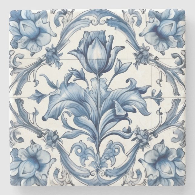 Create Your Own Blue Chinoiserie Flower Tiled Stone Coaster (Front)