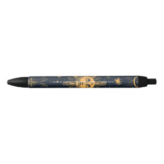 Create Your Own Blue Gold Celestial Moon & Stars Black Ink Pen