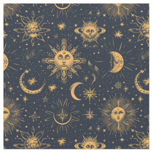 Create Your Own Blue Gold Celestial Moon & Stars Fabric