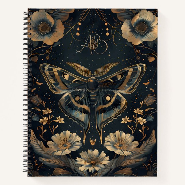 Create Your Own Blue Gold Moth Garden Floral Notebook (Front)