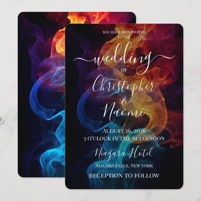Create Your Own Blue & Orange Flames Fire Wedding Invitation (Front/Back)