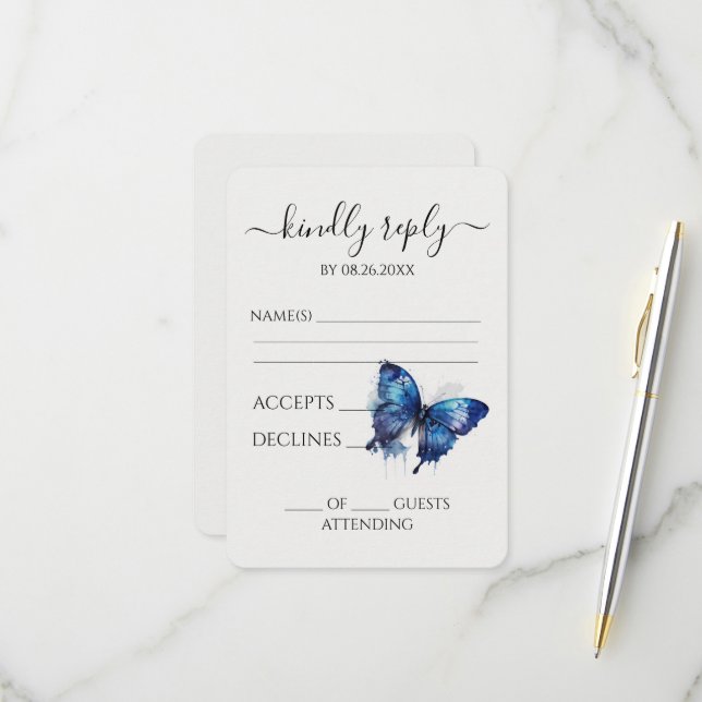 Create Your Own Blue Painted Watercolor Butterfly RSVP Card (Front/Back In Situ)