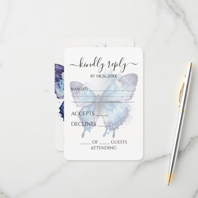 Create Your Own Blue Purple Watercolor Butterfly RSVP Card (Front/Back In Situ)